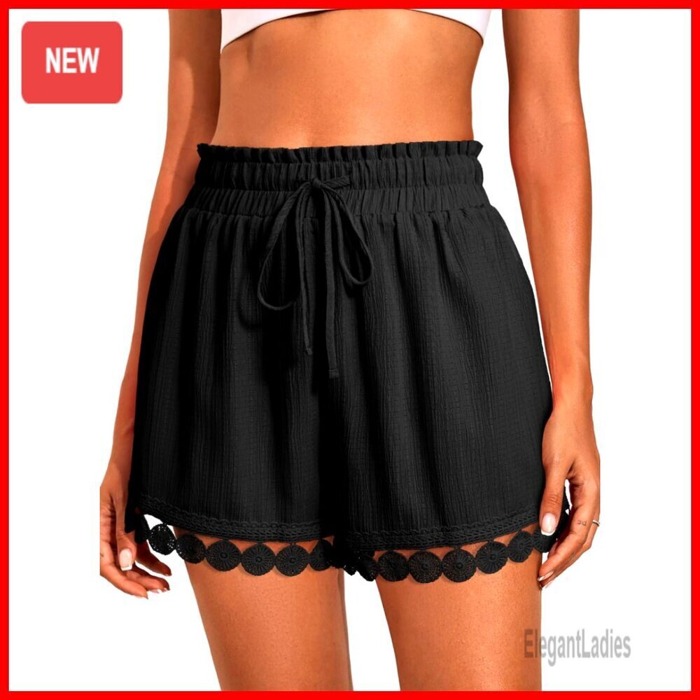 Women's Elastic Waist Drawstring Lace Trim Boho Beach Cover Up Shorts